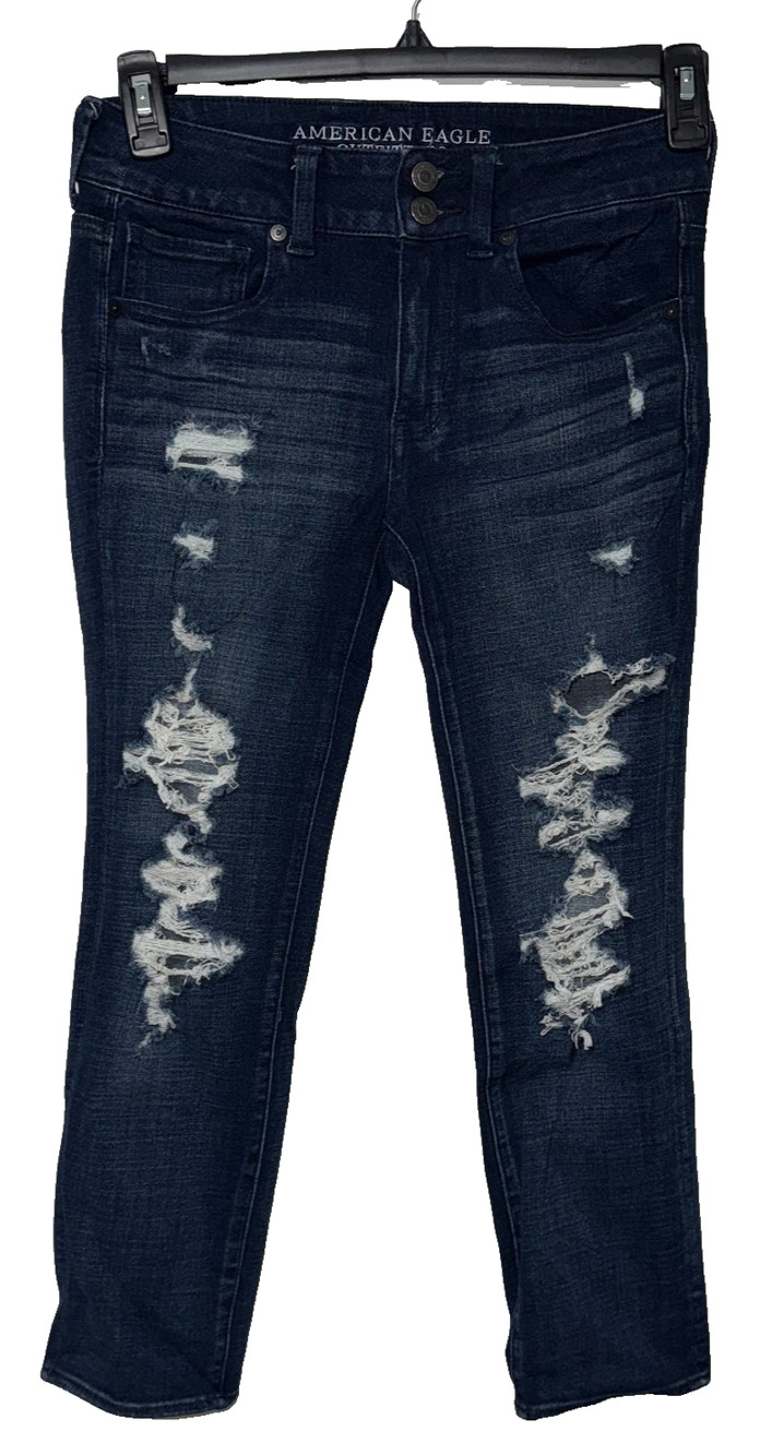 American Eagle Womens 6 Jeans Denim Casual Dark Wash Distressed Artist Crop X4